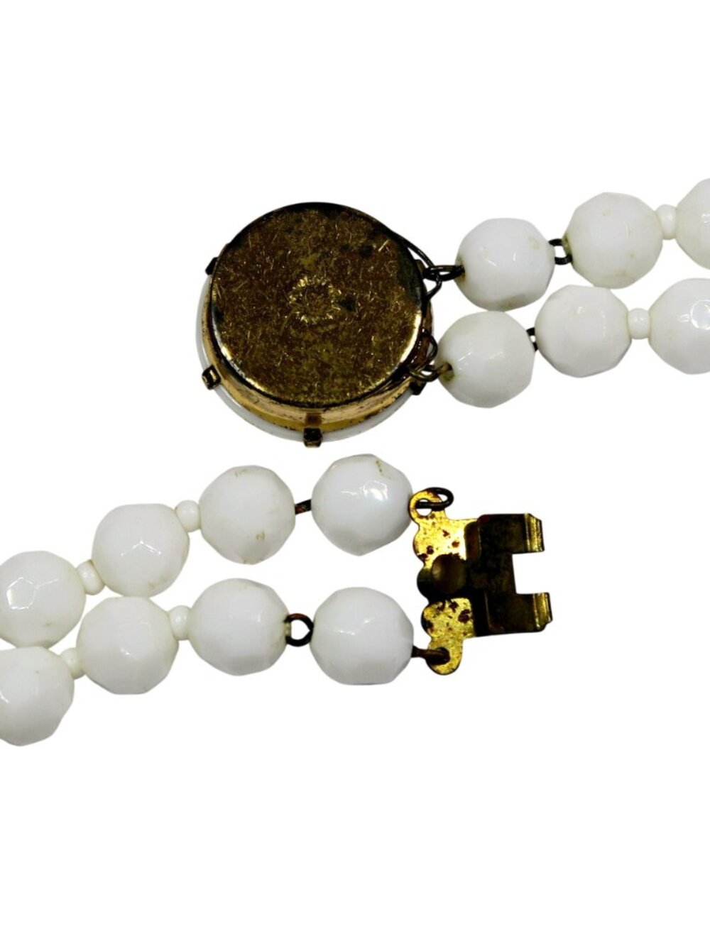 Vintage West Germany White Bead Necklace, Double Strand, 15", Faceted Detail - Picture 5 of 6